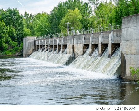 Dam with Waterfall on the River. Hydroelectric dam during Spring runoff, full water. Water rushing out of opened gates of hydro electric power dam. Concrete foothill and wall. Renewable energy systems 128486974