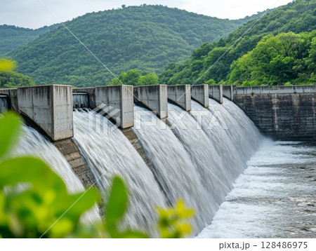Dam with Waterfall on the River. Hydroelectric dam during Spring runoff, full water. Water rushing out of opened gates of hydro electric power dam. Concrete foothill and wall. Renewable energy systems 128486975