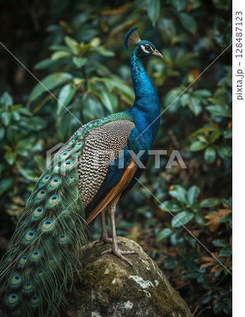 A majestic peacock with vibrant blue and green plumage stands gracefully on a moss-covered rock. Detailed feathers and a blurred leafy background enhance its elegance. A majestic peacock with vibrant blue and green plumage stands gracefully on a moss-covered rock. Detailed feathers and a blurred leafy background enhance its elegance. 128487123
