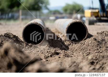 Construction work for replacement of engineering pipes. Workers installing an underground pipe on city street. Repair, laying water pipes or replacing sewer pipes Installation of plumbing, sanitation 128487137