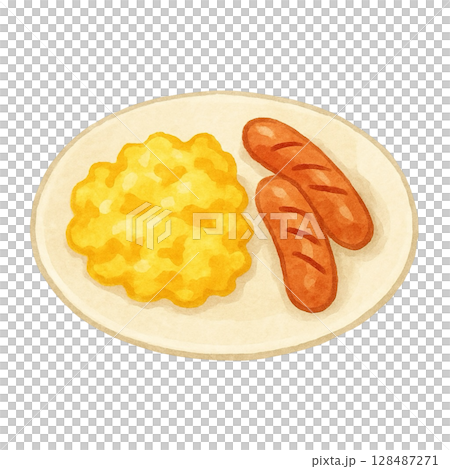 [早餐]炒蛋和香腸插畫 128487271