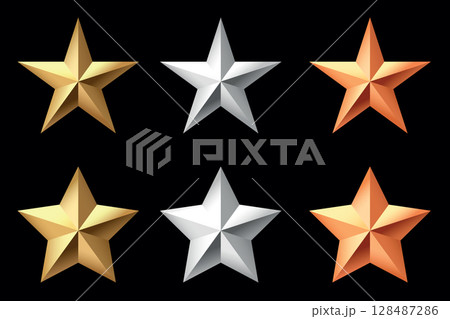 Golden, bronze, silver glossy metallic stars 3d realistic style. 1, 2, 3 place symbols. 128487286