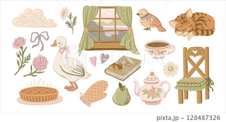 Hand drawn cottage summer set with cute vector element like cat goose and flower. Vintage cozy doodle illustration perfect for card lifestyle design web decor and countryside holiday inspired themes. 128487326