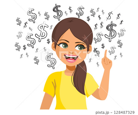 Happy Woman Pointing Finger Dollars 128487329