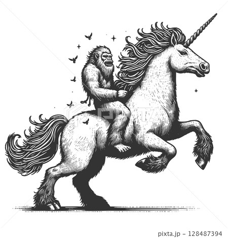 Yeti Riding a Unicorn in Surreal sketch vector Yeti Riding a Unicorn in Surreal sketch vector 128487394