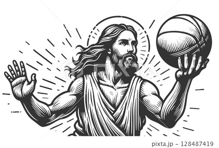 Jesus playing Basketball engraving sketch vector Jesus playing Basketball engraving sketch vector 128487419