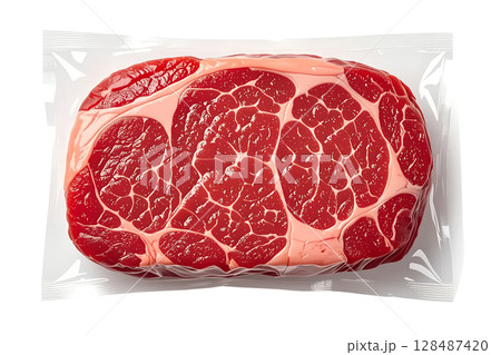 Raw beef steak vacuum-sealed in plastic, fresh red meat cut isolated for butchery or supermarket display 128487420