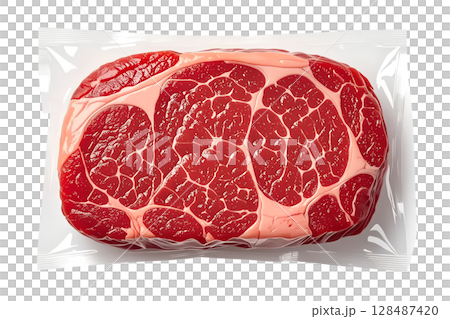 Raw beef steak vacuum-sealed in plastic, fresh red meat cut isolated for butchery or supermarket display 128487420