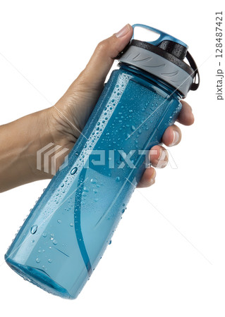 Hand holding blue sport water bottle with condensation droplets, hydration concept isolated on transparent backdrop 128487421