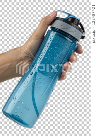 Hand holding blue sport water bottle with condensation droplets, hydration concept isolated on transparent backdrop 128487421