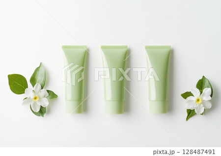 Blank cream tube, jar package plastic set. Pale mint green colors. Skin care luxurious portable on white background, soft shadow. Eco cosmetic containers, flowers. Beauty product modern packaging. 128487491