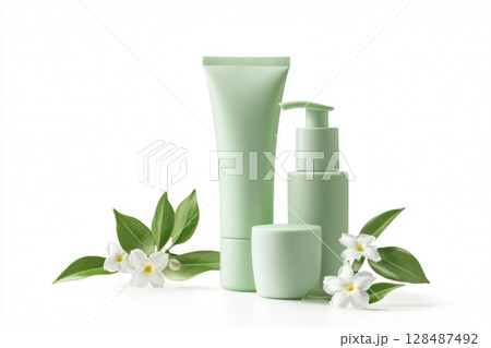 Blank cream tube, jar package plastic set. Pale mint green colors. Skin care luxurious portable on white background, soft shadow. Eco cosmetic containers, flowers. Beauty product modern packaging. 128487492