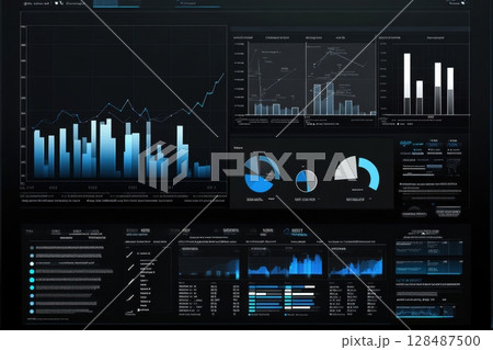 Blue financial digital background. Abstract flowing data ramp. Stock market trading graph. Futuristic investment concept. Economic trends business idea. Glowing candlestick chart. Trade technology 128487500
