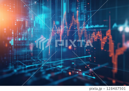Blue financial digital background. Abstract flowing data ramp. Stock market trading graph. Futuristic investment concept. Economic trends business idea. Glowing candlestick chart. Trade technology 128487501