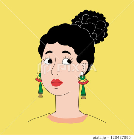 Woman with Afro Bun and Geometric Earrings 128487890