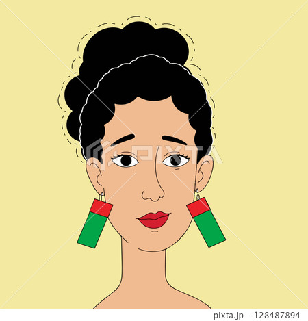 Woman with Afro Bun and Geometric Earrings 128487894