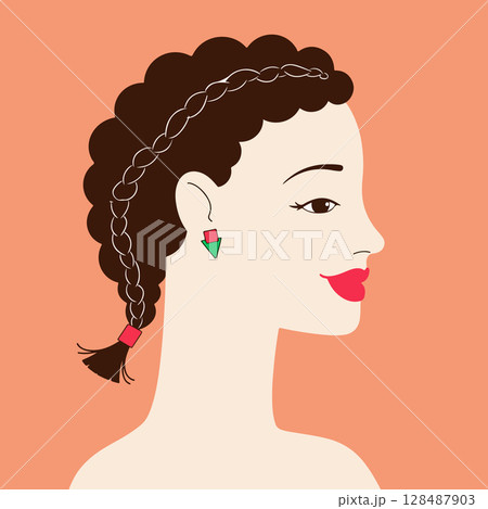 Woman with Braided Hair and Geometric Earrings 128487903