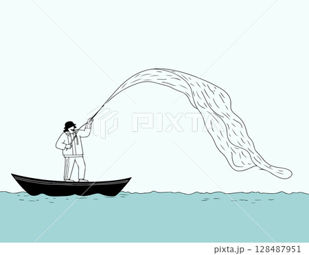 Fisherman catching a large fish Fisherman catching a large fish 128487951