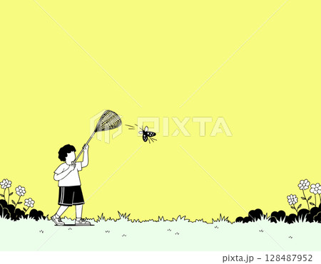Boy Catching a Bug with a Net 128487952
