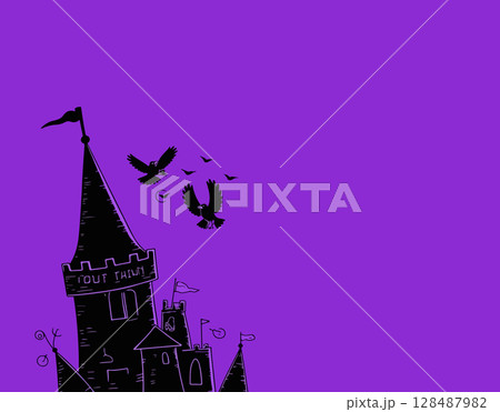 Cartoon Castle with Birds on Purple Background 128487982