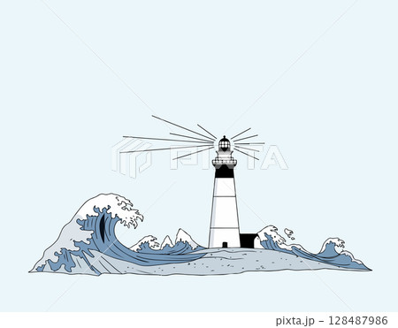 Lighthouse on Island with Waves 128487986