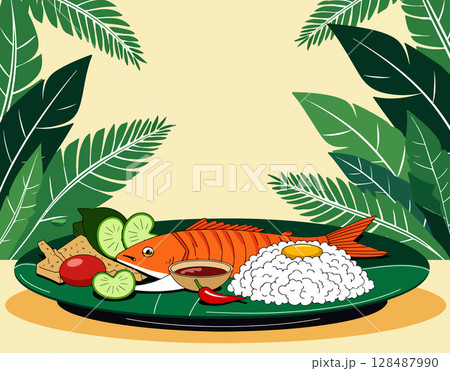 Grilled Fish with Rice and Vegetables Grilled Fish with Rice and Vegetables 128487990