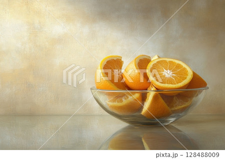 Oranges in a bowl. Bowl of citrus fruit. Juicy fresh mandarin oranges on a light beige background with one sliced in half to show the citrus texture. No people. Healthy lifestyle. Organic dietary 128488009