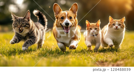 Group of four domestic animals running to camera in the grass in summer, outdoor. Puppy and kitten walking in park. Cats with dogs playing together in field. Golden Hour. Welsh Corgy and kittens Group of four domestic animals running to camera in the grass in summer, outdoor. Puppy and kitten walking in park. Cats with dogs playing together in field. Golden Hour. Welsh Corgy and kittens 128488039