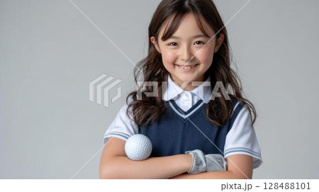 日本人の女子小学生がゴルフウェアを着用している-白背景 128488101