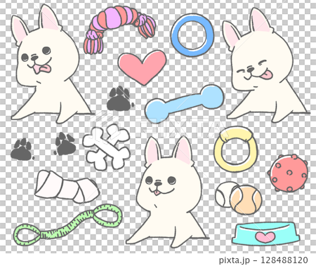 French bulldog with tongue out and toy icon set (white) 128488120