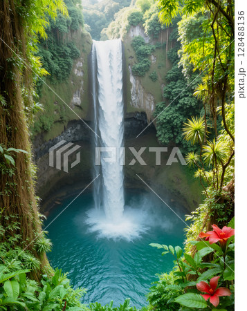 隠れた滝壺の風景　AI生成画像 128488136