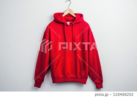 Red sweatshirt isolated on white background. Plain color hoodie mockup template. Close up detail of pullover with pocket and drawstrings, fashion, bold color. Vibrant casual design, everyday wear Red sweatshirt isolated on white background. Plain color hoodie mockup template. Close up detail of pullover with pocket and drawstrings, fashion, bold color. Vibrant casual design, everyday wear 128488202