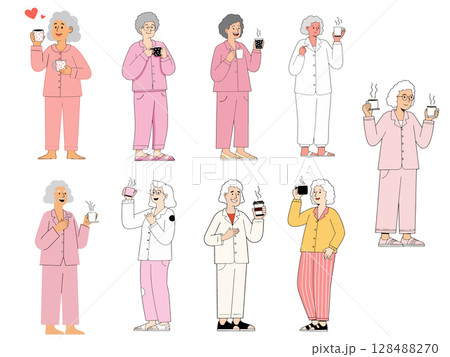 Elderly Women in Pajamas Enjoying Coffee 128488270