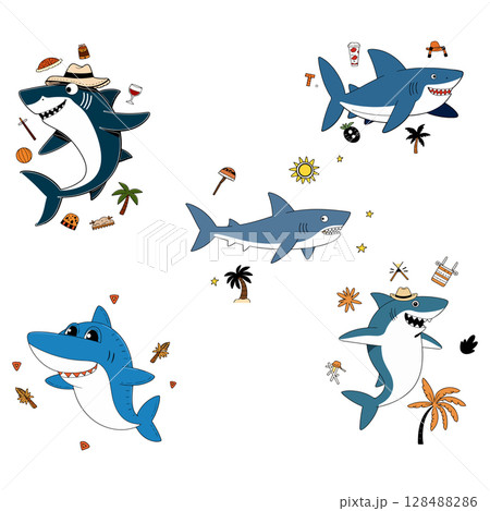 Cartoon Sharks with Summer Themes 128488286