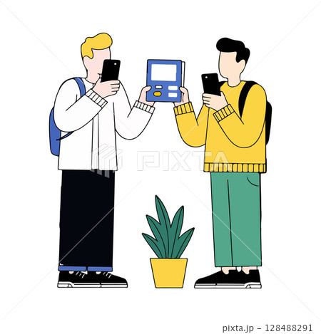 Two Friends Sharing a Tablet and Using Smartphones 128488291