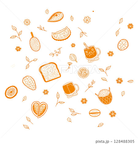 Orange Food and Drink Doodle Pattern 128488305