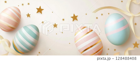 White pink decorated Easter eggs group, light bokeh background. Geometric, stars pattern. Easter Card concept. Place for text. Stylish shiny golden egg pastel color painted. Trendy Easter eggs poster 128488408