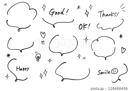 吹き出しと手描き文字のセット シンプル ゆるい かわいい 128488456