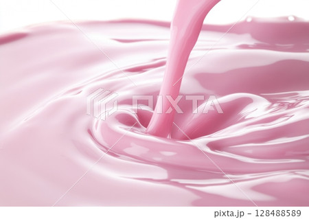 Pink milk splashes, drops. Strawberry milk shake pour. Pouring cream. Creamy wave in a minimalist setting. Soft light, clean design. Splatter of thick liquid swirl. Drink texture ideal for advertising Pink milk splashes, drops. Strawberry milk shake pour. Pouring cream. Creamy wave in a minimalist setting. Soft light, clean design. Splatter of thick liquid swirl. Drink texture ideal for advertising 128488589