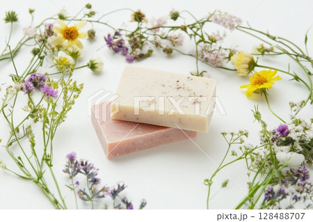 Handmade Organic soap bar stack. Craft soaps. Natural cosmetics, hygiene and beauty concept. Spa products. Zero waste self-care. Ethical, sustainable lifestyle. DIY, hobby, artisan small business idea 128488707