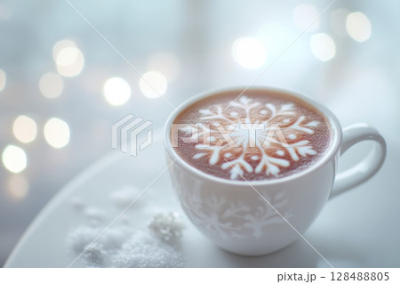 Cup of coffee with latte art in shape of snowflake. Cappuccino with art foam with snowflake made of cinnamon. Hot chocolate cup, latte mug on a white table. Blurred golden Christmas soft light bokeh Cup of coffee with latte art in shape of snowflake. Cappuccino with art foam with snowflake made of cinnamon. Hot chocolate cup, latte mug on a white table. Blurred golden Christmas soft light bokeh 128488805
