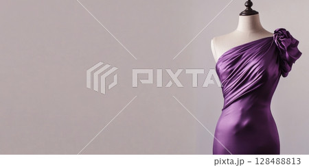 Dress on a mannequin on gray color background. Long panoramic banner copy space. Purple long formal dress, elegant prom party, wedding dresses. Evening gown, bridesmaid clothes. Outfit rental, atelier 128488813