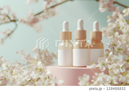 Essential Oil. Glass dropper bottles filled with fluid or serum, surrounded by small flowers. Herbal Medicine. Pump bottle, dispenser cosmetic containers set. Natural cosmetics. Beauty and wellness. 128488832