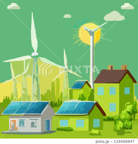 ソーラーパネルの屋根の家のベクターイラスト ソーラーパネルの屋根の家のベクターイラスト 128488847