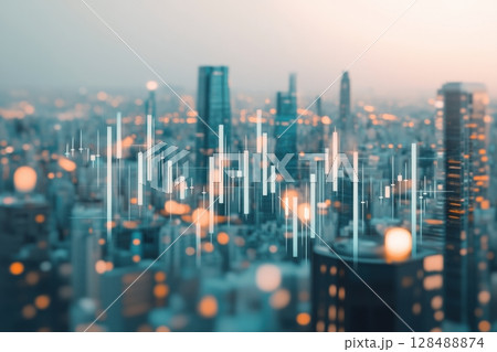 Business background. Real Estate Development and Investing. Financial Chart Indicators and Stock Market Graphs Overlaying City Skyscrapers. Double Exposure Perspective Banner. Cityscape and chart 128488874