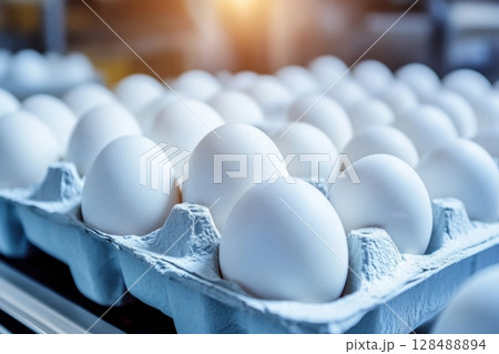 Chicken Eggs on a conveyor belt. Hatching and poultry farming. Egg factory industry. Egg selection process and grading production line with fresh eggs. Automated business, organic farming concept. 128488894