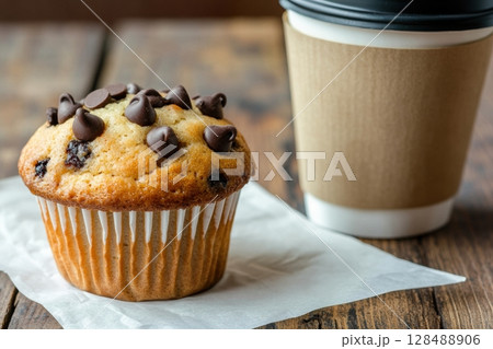 Chocolate chip muffin and brown paper cup of coffee to go. Takeaway coffee cup with cupcake on a wooden table, rustic background. Copy space. Take out breakfast on the go. Morning freshly baked pastry 128488906