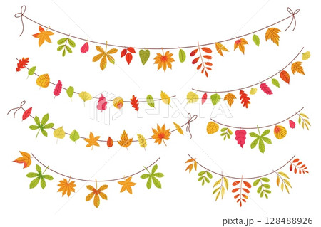 Autumn leaves garland. Fall decorative border string with colorful leaf of wood and garden trees, seasonal autumn festival elements. Vector garlands isolated set 128488926