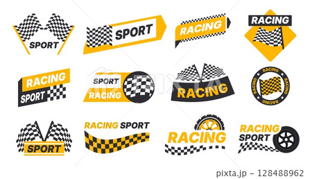 Racing checker logo. Speed car sport check sticker, checkered border stripe rally automobile badge flat cartoon style. Vector checking finish race logos set Racing checker logo. Speed car sport check sticker, checkered border stripe rally automobile badge flat cartoon style. Vector checking finish race logos set 128488962
