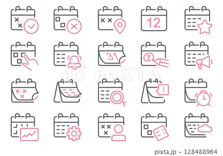 Calendar line icons. Outline deadline, meeting and appointment schedule symbols, day month year planner pictograms. Vector editable stroke collection Calendar line icons. Outline deadline, meeting and appointment schedule symbols, day month year planner pictograms. Vector editable stroke collection 128488964
